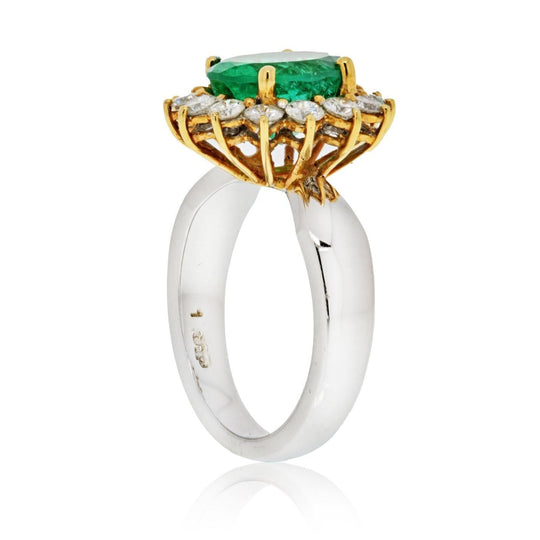 3 Carat Vivid Green Colombian Emerald and Diamond Halo Ring 18K White Gold