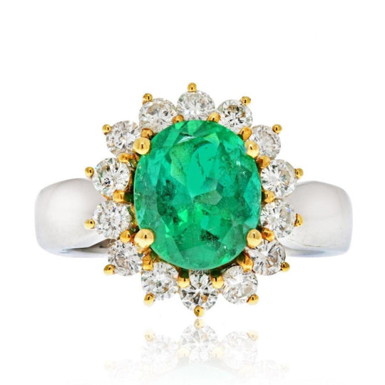 3 Carat Vivid Green Colombian Emerald and Diamond Halo Ring 18K White Gold