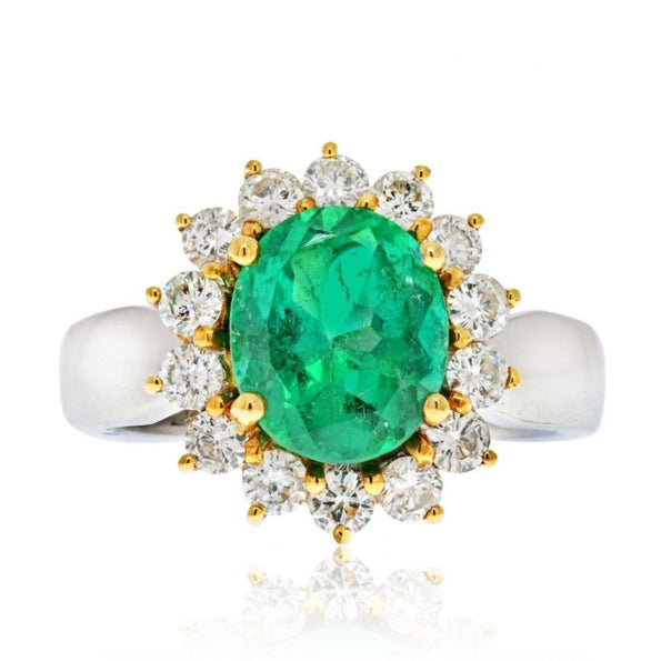 3 Carat Vivid Green Colombian Emerald and Diamond Halo Ring 18K White Gold