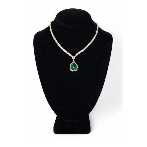 32 Carat Pear Cabochon Emerald & Diamond 18K Gold Drop Emerald Necklace