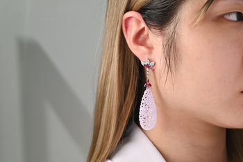33 Carat Carved Lavender Jadeite Jade Drop Earrings With Rubies & Diamonds – Assay Jewelers