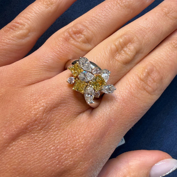3.07 Carat Yellow Cushion Pink White Diamond in Platinum 18K Gold Cluster Ring