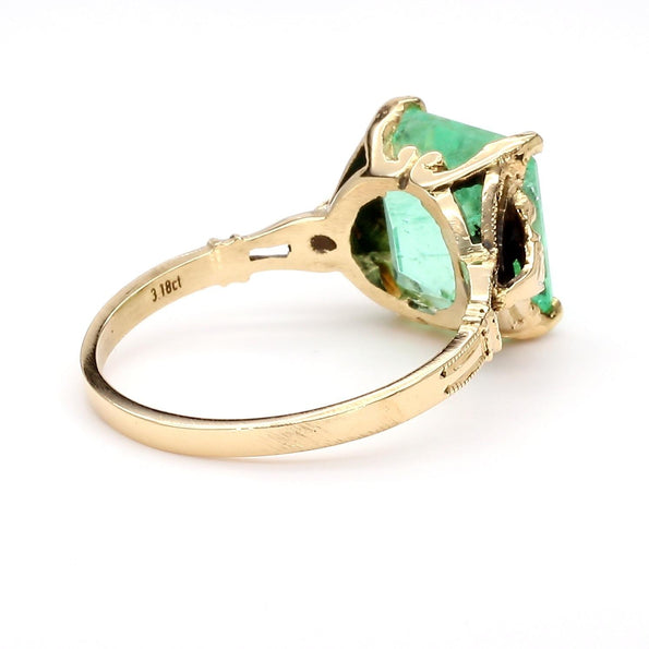 3.18 Carat Light Green Emerald Milgrain Vintage 14K Gold Ring