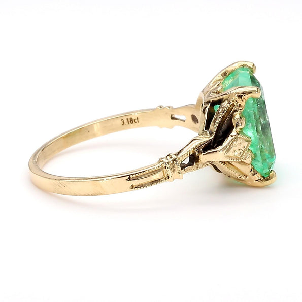 3.18 Carat Light Green Emerald Milgrain Vintage 14K Gold Ring