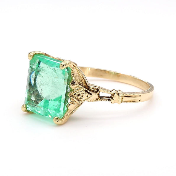 3.18 Carat Light Green Emerald Milgrain Vintage 14K Gold Ring