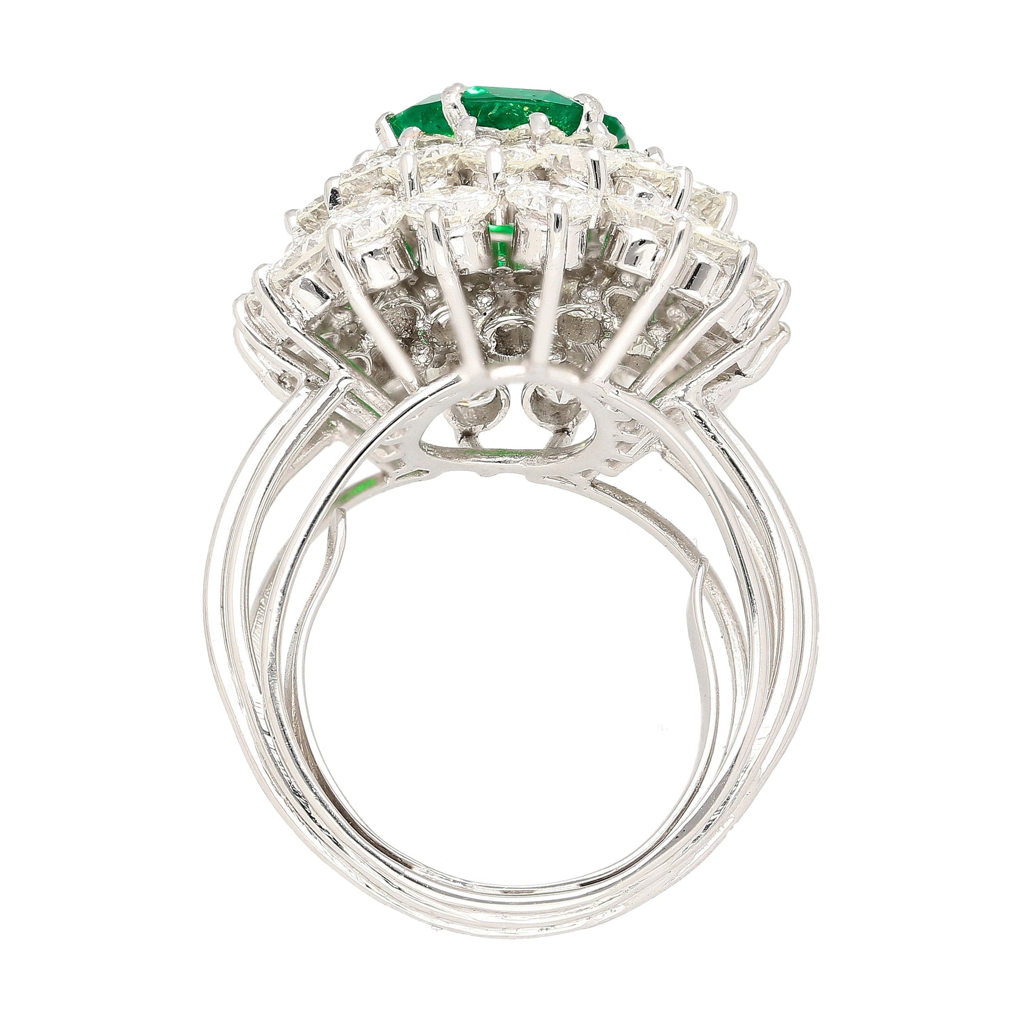 3.19 Carat Oval Cut Emerald Minor Oil & Diamond Cluster Platinum Vintage Ring