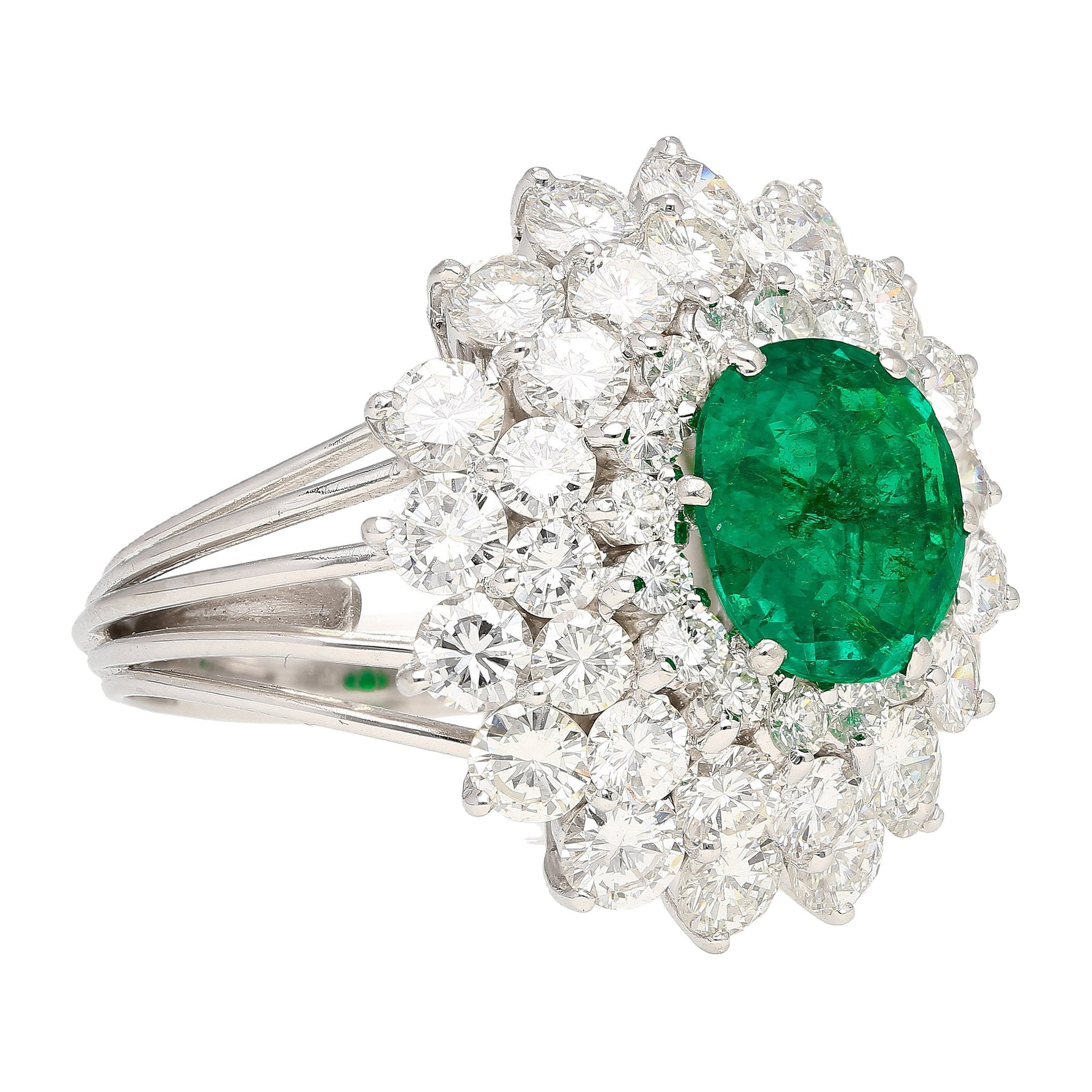 3.19 Carat Oval Cut Emerald Minor Oil & Diamond Cluster Platinum Vintage Ring