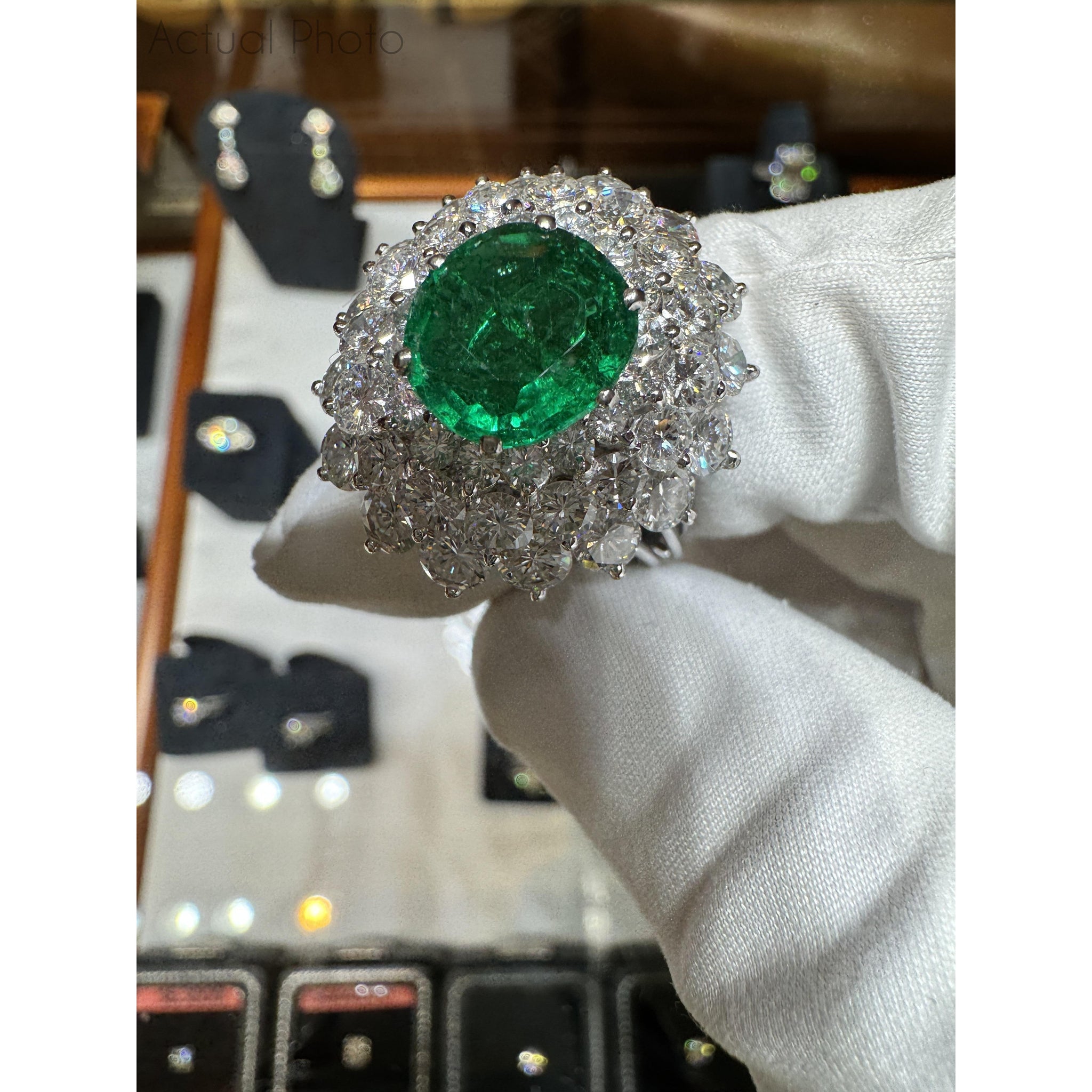 3.19 Carat Oval Cut Emerald Minor Oil & Diamond Cluster Platinum Vintage Ring