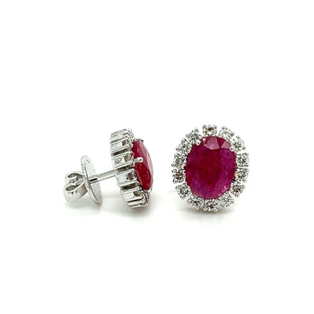3.5 Carat No Heat Oval Cut Ruby Earrings With Round Diamond Halo – Assay Jewelers