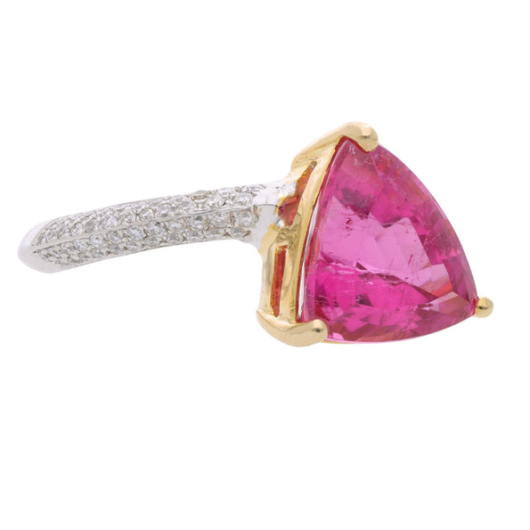 3.54 Carat Trilliant Rubellite Pink Tourmaline & Diamond 18K Two Tone Gold Ring