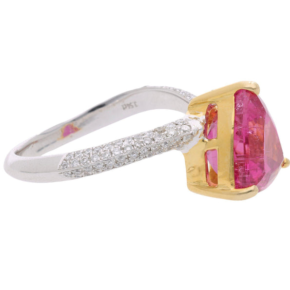 3.54 Carat Trilliant Rubellite Pink Tourmaline & Diamond 18K Two Tone Gold Ring