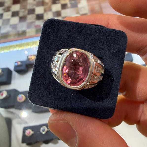 3.59 Carat Oval Pink Tourmaline and Baguette Diamond 18K White Gold Unisex Ring