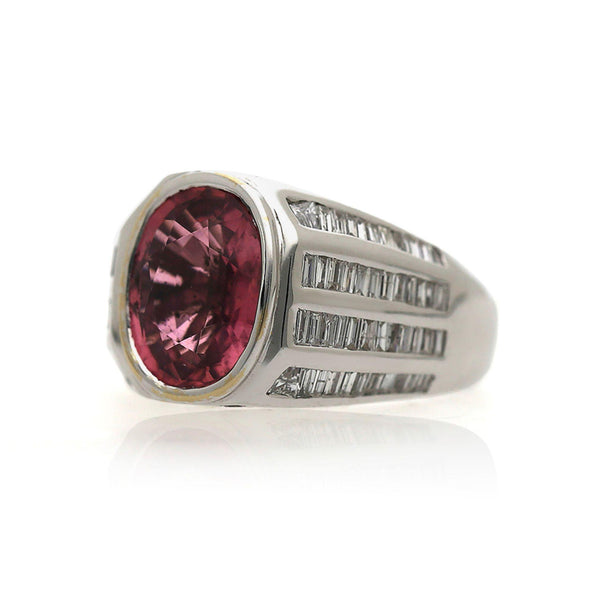 3.59 Carat Oval Pink Tourmaline and Baguette Diamond 18K White Gold Unisex Ring