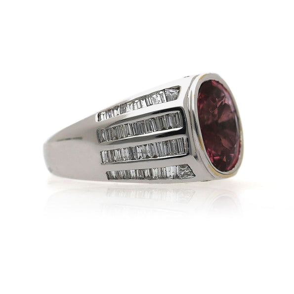 3.59 Carat Oval Pink Tourmaline and Baguette Diamond 18K White Gold Unisex Ring