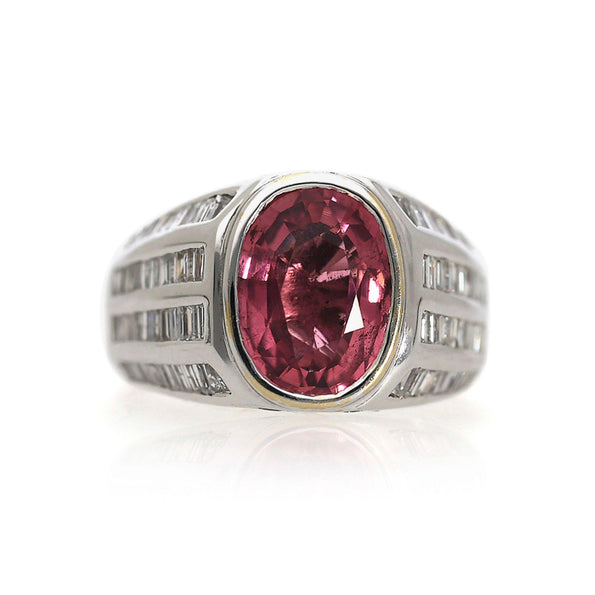 3.59 Carat Oval Pink Tourmaline and Baguette Diamond 18K White Gold Unisex Ring