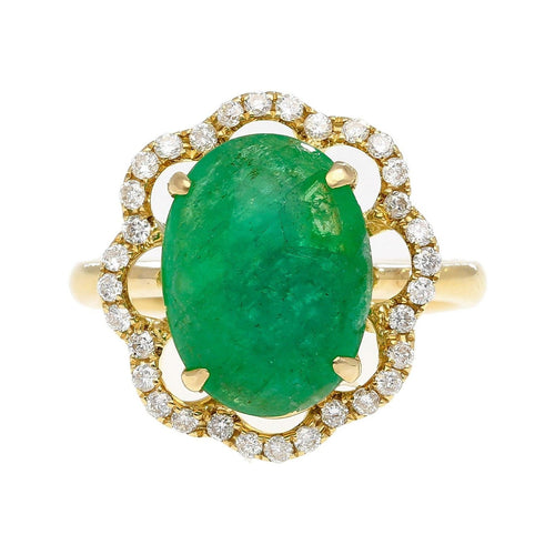 3.6 Carat Cabochon Emerald and Diamond Flower Halo 18K Gold Ring