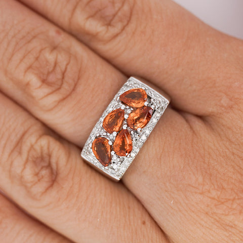 3.75 Carat Pear-Cut Orange Sapphire and Diamond Cluster 14K Gold Ring