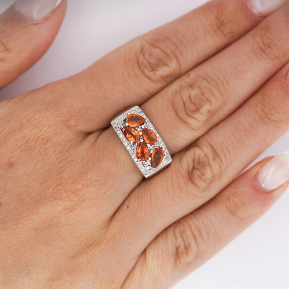 3.75 Carat Pear-Cut Orange Sapphire and Diamond Cluster 14K Gold Ring