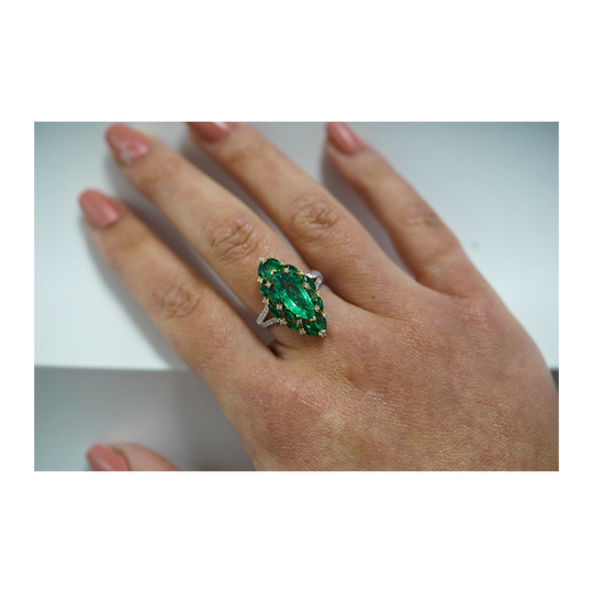3.89 Carat Marquise Cut Colombian Emerald and Diamond 18K Ring
