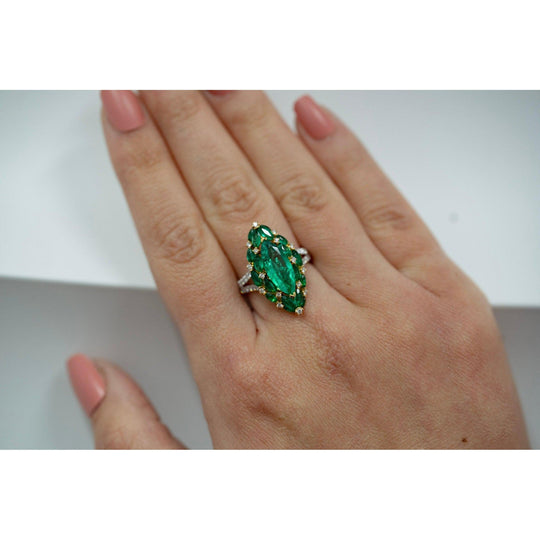 3.89 Carat Marquise Cut Colombian Emerald and Diamond 18K Ring