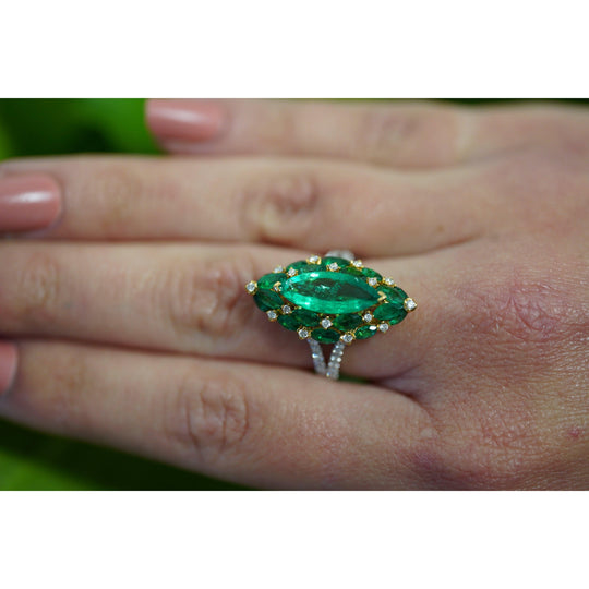 3.89 Carat Marquise Cut Colombian Emerald and Diamond 18K Ring