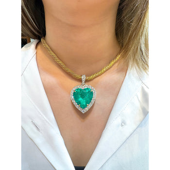 44 Carat Heart Shaped Emerald Pendant with Round Cut Diamond Halo in 18K Gold Necklace – Assay Jewelers