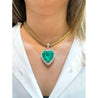 44 Carat Heart Shaped Emerald Pendant with Round Cut Diamond Halo in 18K Gold Necklace