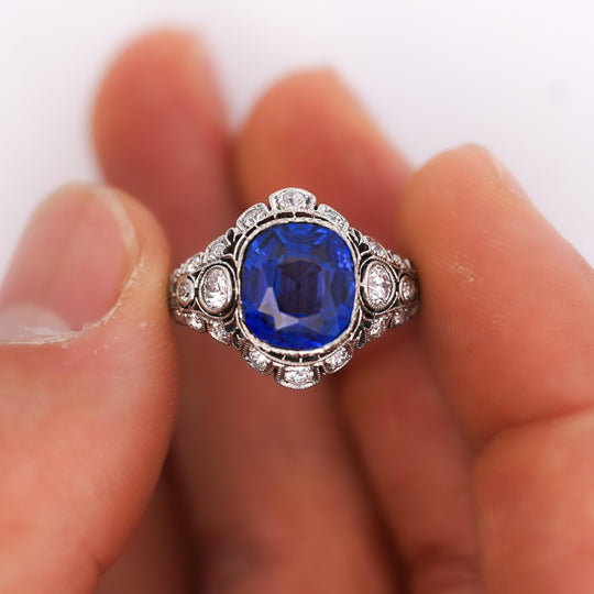 4.02 Carat No Heat Ceylon Sapphire In Platinum Art Deco Ring
