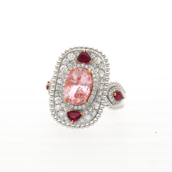 4.05 Carat Padparadscha Sapphire No Heat Sri Lanka With Ruby and Diamond Ring