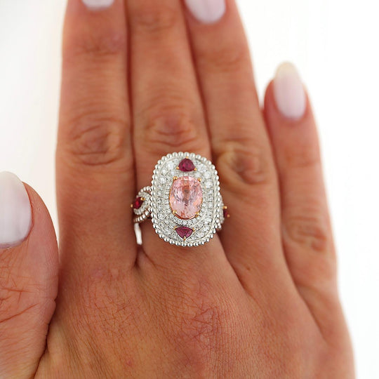 4.05 Carat Padparadscha Sapphire No Heat Sri Lanka With Ruby and Diamond Ring