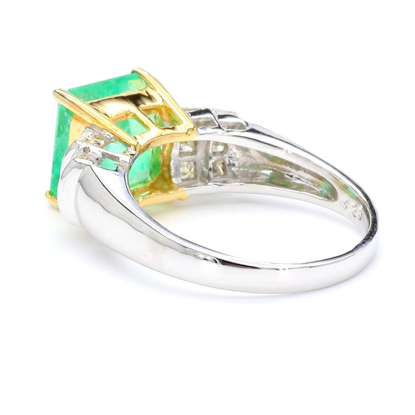 4.39 Carat Emerald Cut Green Emerald & Princess Cut Diamond 18K Two Tone Ring