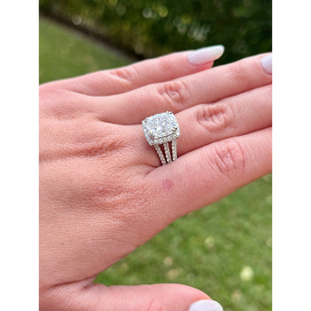 4.44 Carat F/VVS2 Cushion Cut Lab Grown Diamond in 3 Row Split Shank Diamond Halo Ring – Assay Jewelers