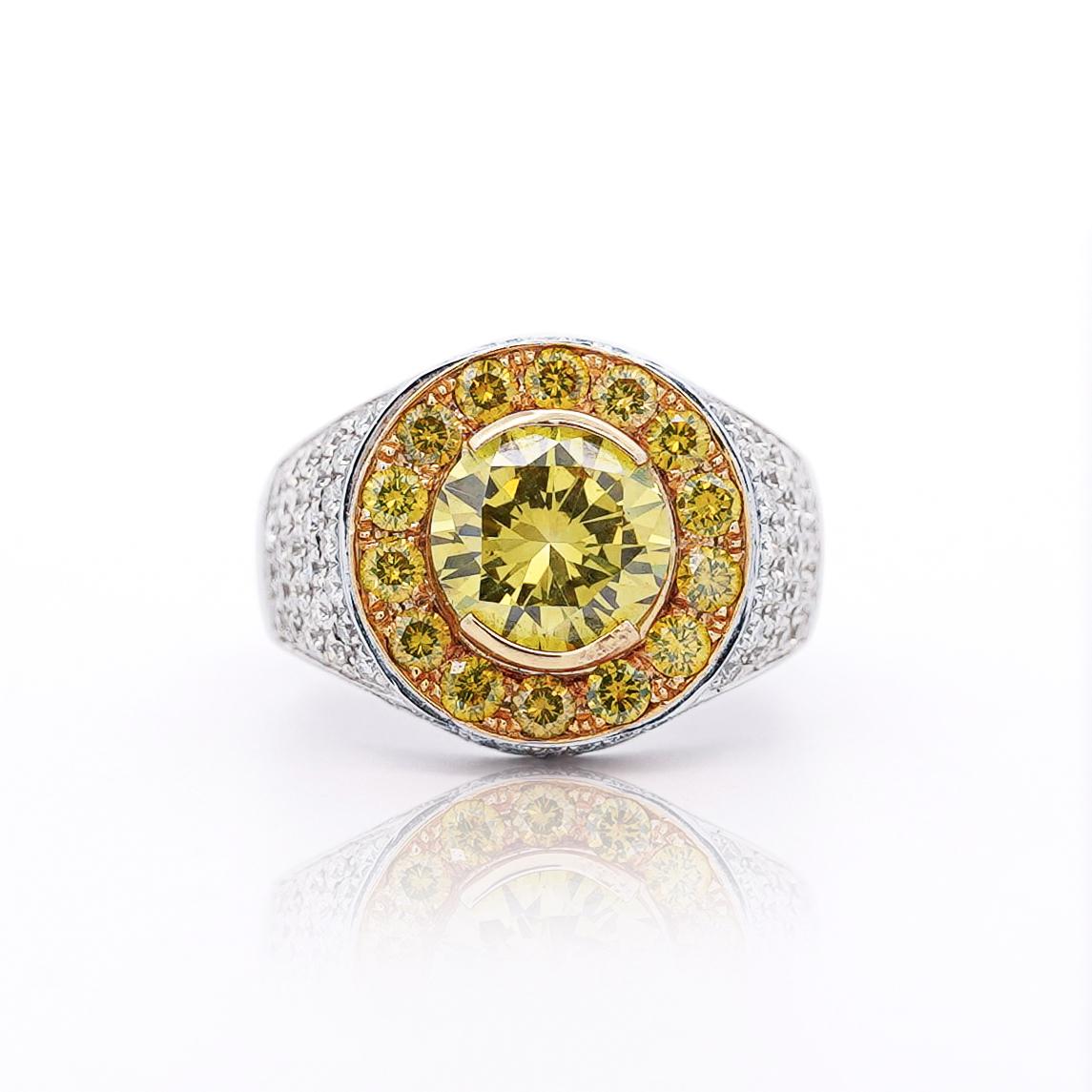 4.44 Carat Round Cut Yellow Diamond 18K Gold Halo Mens Ring