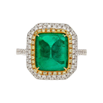 4.49 Carat Bague halo en or blanc 18k avec émeraude colombienne taille sugarloaf cabochon et diamants – Assay Jewelers