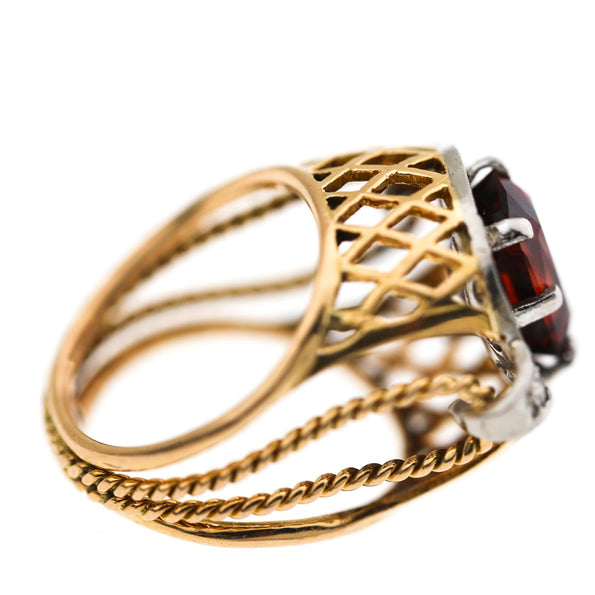 4.65 Carat Spessartine Garnet Diamond Lattice Wide Band 18K Two Tone Gold Ring