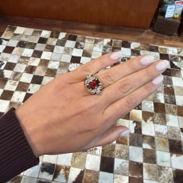 4.65 Carat Spessartine Garnet Diamond Lattice Wide Band 18K Two Tone Gold Ring
