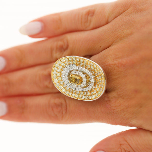 5 Carat Fancy Brown & Yellow Diamond Pave 18K Gold Tilted Shield Ring