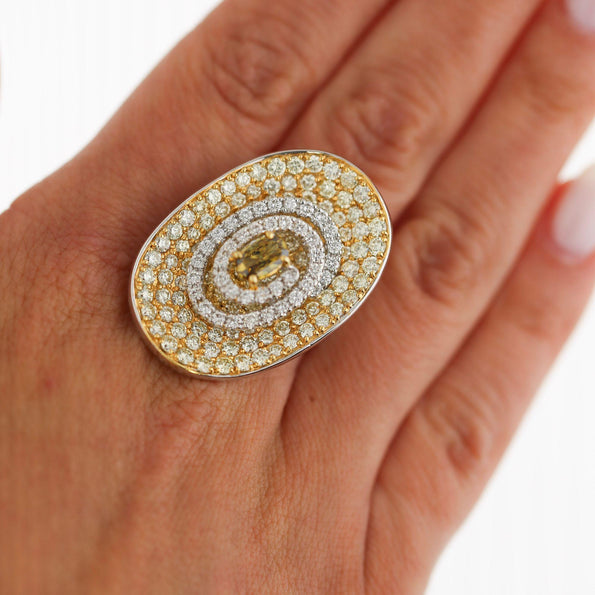 5 Carat Fancy Brown & Yellow Diamond Pave 18K Gold Tilted Shield Ring