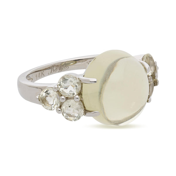 5 Carat Oval Cabochon Moonstone & Round Aquamarine 14K White Gold Cocktail Ring