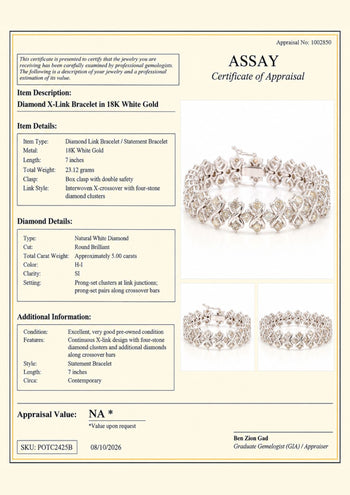 5 Carat Round Diamond H-I SI Interwoven X-Link 18K White Gold Bracelet 7 Inch – Assay Jewelers