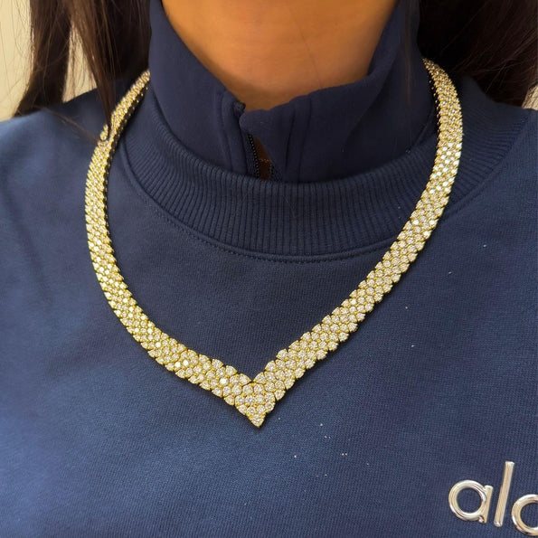 50 Carat Round Brilliant Diamond in 18K Yellow Gold Three Row V Shape Necklace