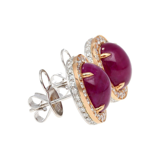57.95 Carat Cabochon Cut Deep Pink Ruby & Diamond Halo Earrings & Necklace Set