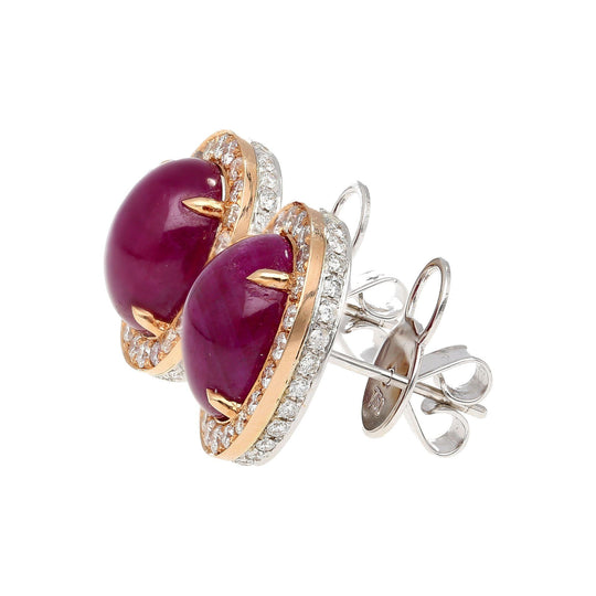 57.95 Carat Cabochon Cut Deep Pink Ruby & Diamond Halo Earrings & Necklace Set