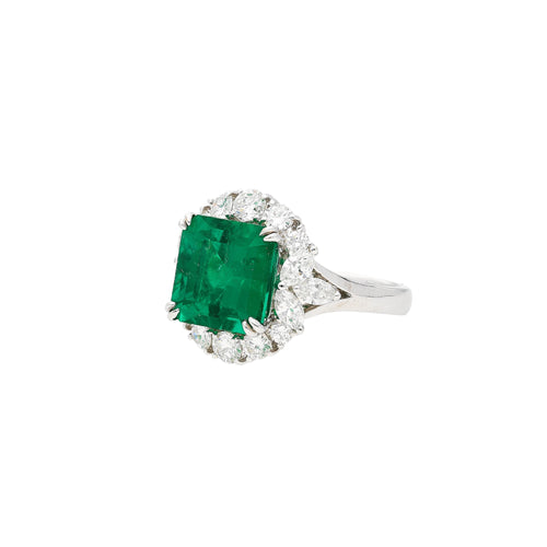 5.20 carat Minor Oil Colombian Emerald and Diamond Halo Ring