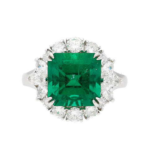 5.20 carat Minor Oil Colombian Emerald and Diamond Halo Ring