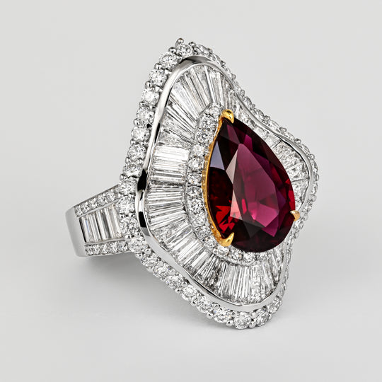 5.3 Carat Pear Cut Ruby & Baguette Diamond Ballerina White Gold Ring