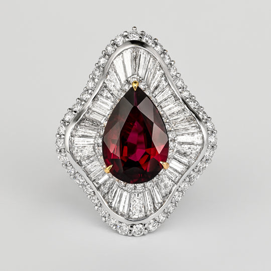 5.3 Carat Pear Cut Ruby & Baguette Diamond Ballerina White Gold Ring