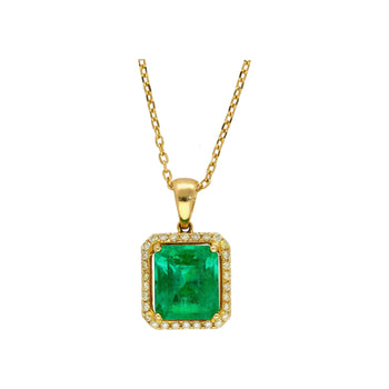 5.42 Carat Natural Emerald Pendant Necklace with Yellow Diamond Halo in 18k Gold – Assay Jewelers