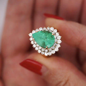 5.75 Carat Pear Cut Colombian Emerald Diamond Halo 18K Gold Emerald Ring – Assay Jewelers