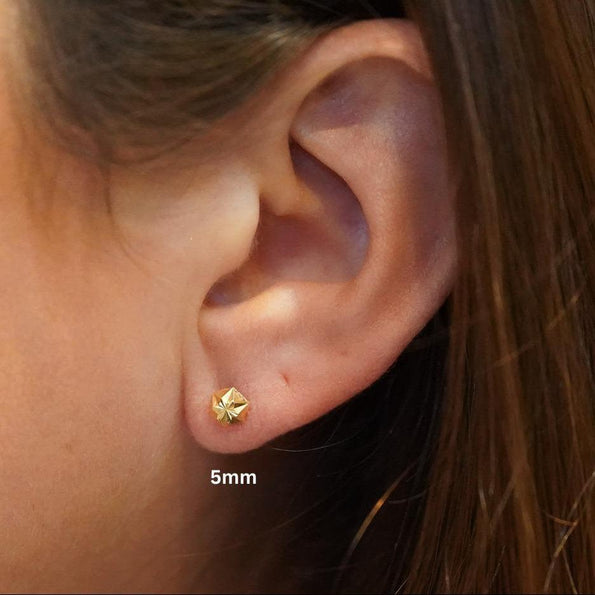 5mm 14K Gold Diamond Cut Hexagon Star Stud Earrings Screw Back